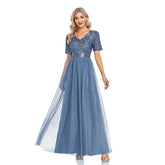 V-Ausschnitt Kurzarm Pailletten Tüll A-Linie Bodenlang Elegantes Abschlussball Abendkleid Partykleid