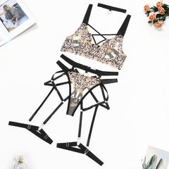 Suit See through Leopard Embroidered Steel Ring Push up Underwear Five Piece Set