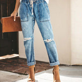 Wish Drawstring Elastic Waist Ripped Denim Pants Casual Pants