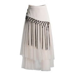 Personalized Machine Embroidery Midi Dress High Waist Buckle Mesh Stitching Skirt