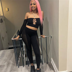 Knitted Slim Fit Figure Flattering Short Sleeve Top High Waist Tight Trousers Set