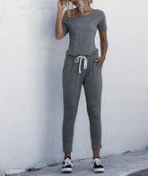 Combinaison décontractée à taille ample, style sport, poches, couleur unie
