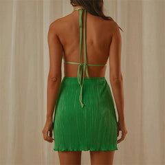 V Neck Backless Pleated Dress Halter Lace Up Cutout Short Dress