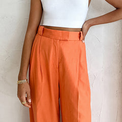 Casual Orange High Waist Work Pant Cotton Linen High Waist Drooping Wide Leg Pants Trousers