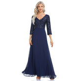 Chiffon-Brautjungfernkleid mit doppeltem V-Ausschnitt, A-Linie, großer Saum, Paillettennähte, Abendkleid