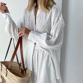 Shirt Jacquard Lantern Sleeve Elegant Top Shorts Office Casual Suit textured