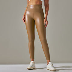 Faux Leather Pants High Elastic High Waist Solid Color Bright Black Tight Trousers Running Fitness Yoga Pants