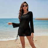 Aushöhlen Cutout Gestrickte Langarm Sonnenschutz Overshirt Strandjacke Kopf Strand Cover Up Badeanzug Outwear