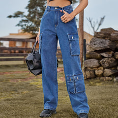 Denim Washed Multi Pocket Overalls Trousers Casual Pants