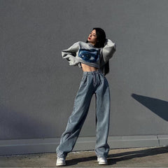 Trendy Mop Pants High Waist Wide Leg Pants Straight Leg Pants Jeans Loose Pants