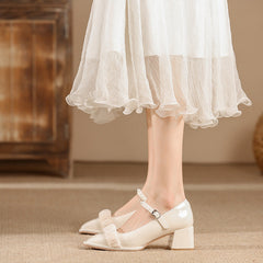 Women's Spring Square Toe Low-cut Thick Pearl Heels