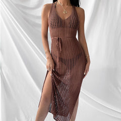 Beach Casual Solid Color Knitted Hollow Out Cutout Out Camisole Knitted Dress Blouse Outer Dress