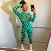 Combinaison moulante à col imprimé, manches longues, pantalon une pièce, taille haute, pantalon de sport skinny à haute élasticité