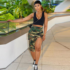 Washed Camouflage Skirt Camouflage Dress with Vents