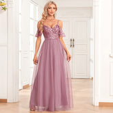 Elegantes, schulterfreies, ärmelloses, doppeltes V-Ausschnitt, Tüllnähte, bestickte Sequ-A-Swing-Patchwork-Abendkleid