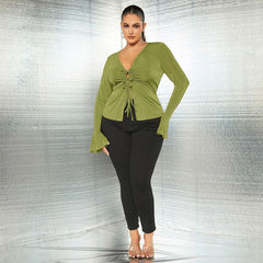 Chemise de bureau grande taille, coupe slim, col en V, manches longues, tricotée