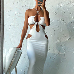 Halter Hollow Out Cutout Backless Lace-up Beach Dress