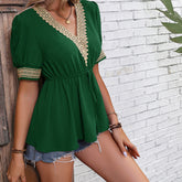 V neck Lace Short Sleeved T shirt Waist Trimming Shirt Elegant Chiffon Blouse