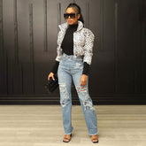 Zerrissene Jeans, verwaschene Hose mit hoher Taille und geradem Bein