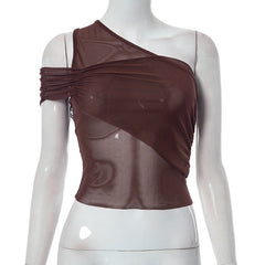 Reine Diagonal Kragen Eine Schulter Einfarbig Mesh Top Unregelmäßigen Asymmetrischen