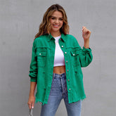 Mehrfarbige, mittellange, zerrissene, lockere Jeansjacke