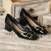 Women's Style Metal Buckle Chunky Square Toe High