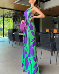 Büro Baumwolle Ärmellos Maxi Große Bild Strap Typ Gedruckt Lila Hohe Taille Wrap Overalls