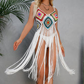 HCrocheting Tassel Beach Mid Länge Kleid Floral Block Beach Beach Cover Up Sonnenschutz