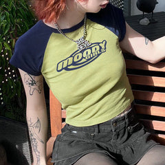 Contrast Color Retro Printed Raglan Short Sleeved T shirt Slim Fit Slimming Top