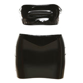 Fall Glossy Faux Leather Tight Chest Wrap High Waist Hip Wrapped Skirt Set