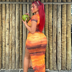 Sheer Mesh Gradient Color Printed round Neck Short Sleeve Sheath Split Beach Dress Trendy