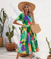 Floral Print Crumpled Short Sleeve Dress