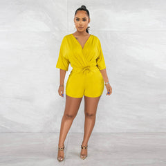 Solid Color V Neck Fitted Waist Jumpsuit Casual Shorts