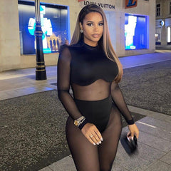 Early Mesh See Through Stitching High Waist Tight Casual One Piece Trousers