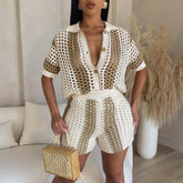 Combinaison short en tricot ajouré, découpé et transparent avec col