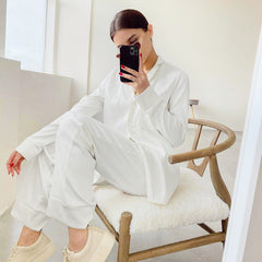 Long Sleeve Minimalist Thin Pajamas Blue Color Silk like Home Wear