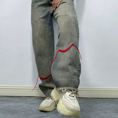 Jean rétro coupe droite à ourlet effiloché, taille haute, pantalon ample amincissant