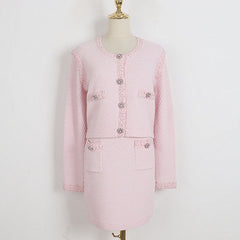 Rosa V-Ausschnitt Strick Zweiteiler Klassische Party Shopping Rundhals Cardigan Rock Sets