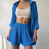 Atmungsaktiver, einfarbiger Pyjama mit langen Ärmeln und Shorts für den Außenbereich, zweiteilig, Heimkleidung