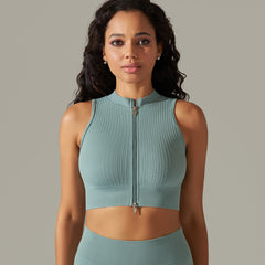 Seamless Knitted Striped Zipper Tight Gathering Vest Top Yoga Bra Running Fitness Sportswear