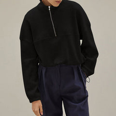 Herbst Waffelpullover Langarm Reißverschluss Poloshirt Kordelzug Taille Casual Pullover
