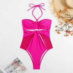 Mesh Stitching Rose Red Hollow Out Cutout Siamese Bikini