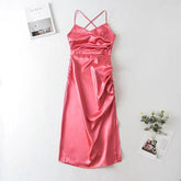 High Waist Backless Mid-Length Strap Satin Dress