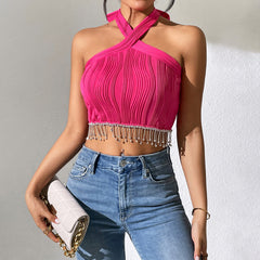 Chain Tassel Bow Halter Lace Up Wrapped Chest Vest