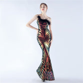 Positionierung Floral Pailletten Handwerk Auftrag Straußenfeder One Shoulder Diagonal Kragen High End Abendkleid