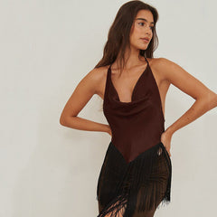 Gilet à bretelles en satin à col en V et pompons, vêtement d'intérieur confortable