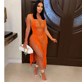 Kleid Aushöhlen Cutout Strand Cover Up Quaste Strandkleid