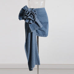 Personalized Three Dimensional Floral Stitching Ribbon High Waist All-Matching Sheath Denim Skirt