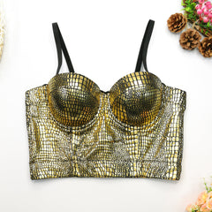 Flash Snake Pattern Bronzing Tube Top Female Wild Slim Fit Small Sling Nightclub Disco Top Boning Corset Boning Corset