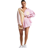 Single Breasted Striped Color Matching Long Sleeve Shirt Top Two Piece Casual Short Suit